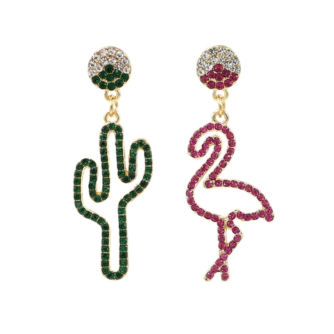 Pendientes Asimétricos De Flamenco Y Cactus Aleación Strass Con Poste De Plata De Ley 925 Joyería Tropical Para Mujer