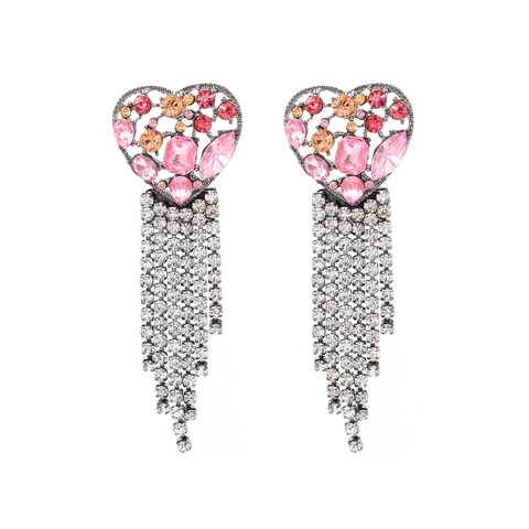 Heart Tassel Earrings Alloy Pink Rhinestone Dangle Statement Long Drop For Women Fashion Jewelry Hollow Design