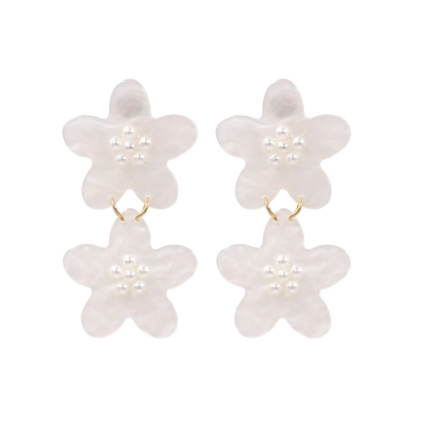 Flower Drop Earrings Acrylic Acetate Marble Pattern Faux Artificial Pearl Double Floral Dangle Jewelry For Women Vintage Bohemian