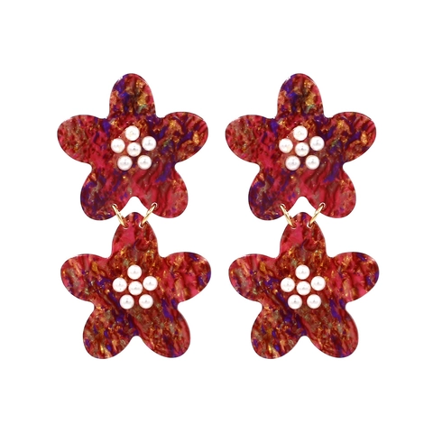 Flower Drop Earrings Acrylic Acetate Marble Pattern Faux Artificial Pearl Double Floral Dangle Jewelry For Women Vintage Bohemian