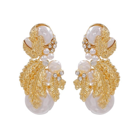 Boucles D'oreilles Pendantes Feuilles Dorées Rétro Avec Künstliche Perles D'imitation En Alliage De Zinc Et Strass Style Baroque