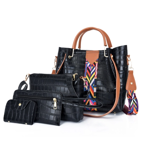Fashion Women PU Leather Crocodile Pattern Handbag Combo With Tote Shoulder Crossbody Bag Clutch And Wallet Ethnic Woven Strap
