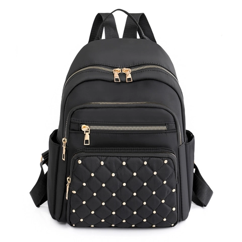 Mochila Moda Mujer Nylon Impermeable Acolchada Patrón Rombos Con Tachuelas Doradas Multi Bolsillos Antirrobo Bolso Viaje Escolar