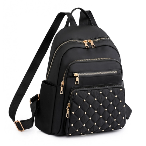 Mochila Moda Mujer Nylon Impermeable Acolchada Patrón Rombos Con Tachuelas Doradas Multi Bolsillos Antirrobo Bolso Viaje Escolar