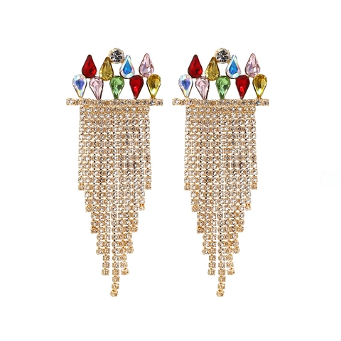 Boucles D Oreilles Longues Pompons Cristal Goutte Multicolore Strass Alliage Zinc Style Bohème Bijoux Femme
