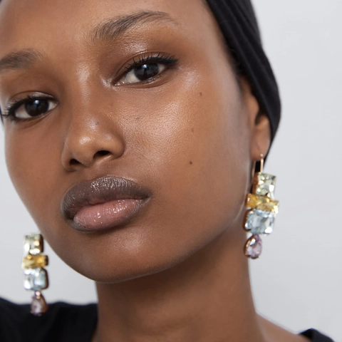 Geometric Multi-color Gemstone Drop Earrings Alloy Gold Plated Fashion Statement Hook Jewelry For Women