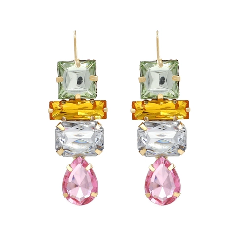 Geometric Multi-color Gemstone Drop Earrings Alloy Gold Plated Fashion Statement Hook Jewelry For Women