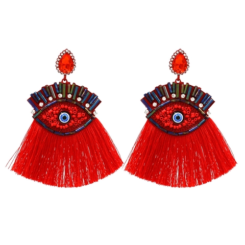 Evil Eye Hangende Oorbellen Boheems Kleurrijk Hars Edelsteen Kralen Lange Satijnn Kwastje Sieraden Voor Dames