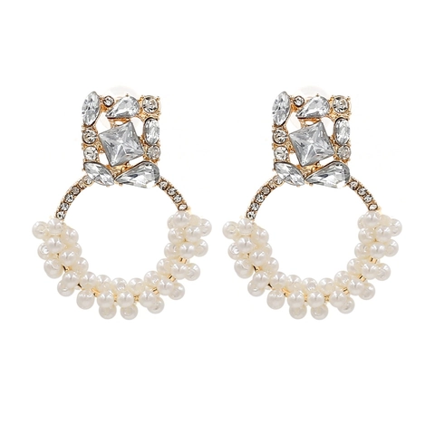 Boucles D'oreilles Pendantes En Alliage Géométrique Avec Künstliche Perles D'imitation Blanches Et Strass Transparents Style Rétro