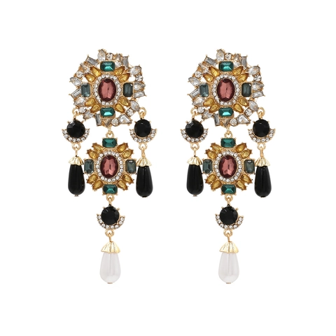 Baroque Colorful Rhinestone Flower Long Drop Earrings With White Faux Artificial Pearl Alloy Retro Jewelry Women Wedding