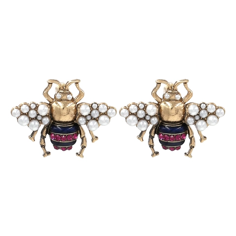 Vintage Bee Stud Earrings Alloy Imitation Artificial Pearl Rhinestones Enamel Jewelry For Women Ornate Elegant Style