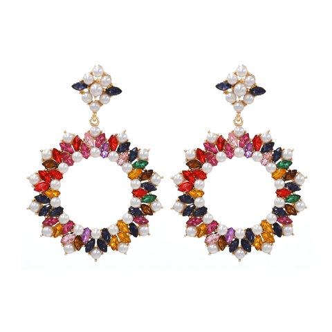 Pendientes De Aro Colgantes Con Flores Extragrandes Aleación Con Piedras De Colores Y Perlas Artificiales De Imitación Estilo Bohemio Vintage Mujer