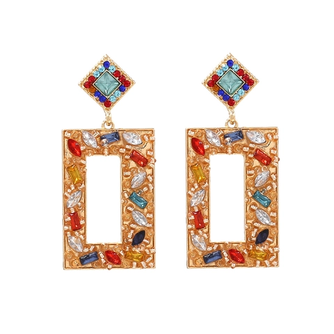 Boucles D'oreilles Pendantes Rectangulaires Creuses Alliage Zinc Strass Perles De Riz Style Bohème Vintage Pour Femmes