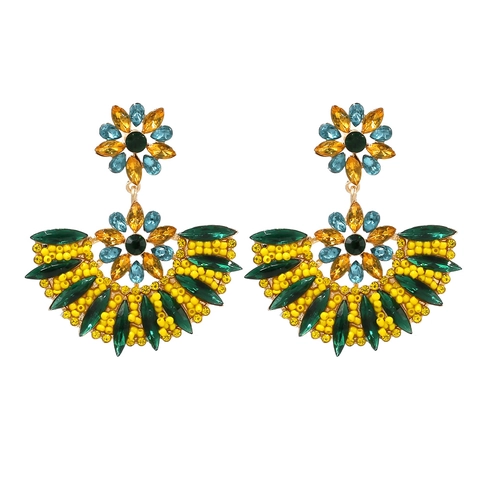 Bohemian Fan Shaped Drop Earrings Alloy Colorful Rhinestone Flower Statement Jewelry For Women