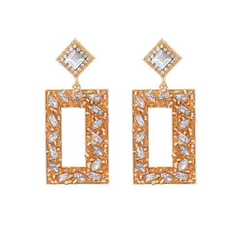 Boucles D'oreilles Pendantes Rectangulaires Creuses Alliage Zinc Strass Perles De Riz Style Bohème Vintage Pour Femmes