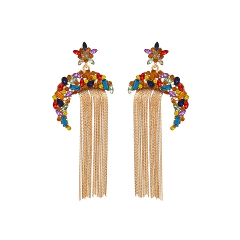 Böhmische Mond Stern Quasten Hänger Ohrringe Bunte Strass Legierung Lange Fransen Vintage Glamouröser Schmuck Für Damen