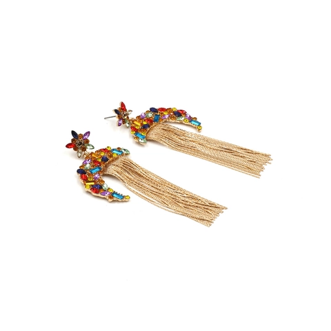 Böhmische Mond Stern Quasten Hänger Ohrringe Bunte Strass Legierung Lange Fransen Vintage Glamouröser Schmuck Für Damen