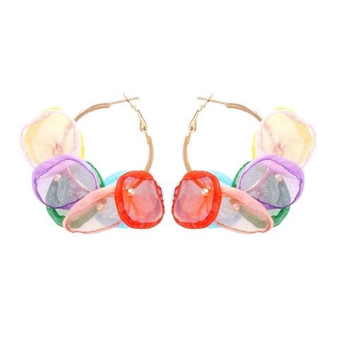 Handmade Floral Hoop Earrings With Organza Lace Petals And Faux Artificial Pearls Golden Alloy Large Circle Sweet Bohemian Jewelry For Women