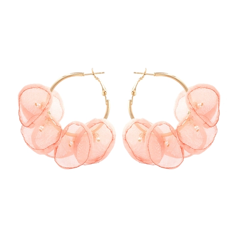 Handmade Floral Hoop Earrings With Organza Lace Petals And Faux Artificial Pearls Golden Alloy Large Circle Sweet Bohemian Jewelry For Women