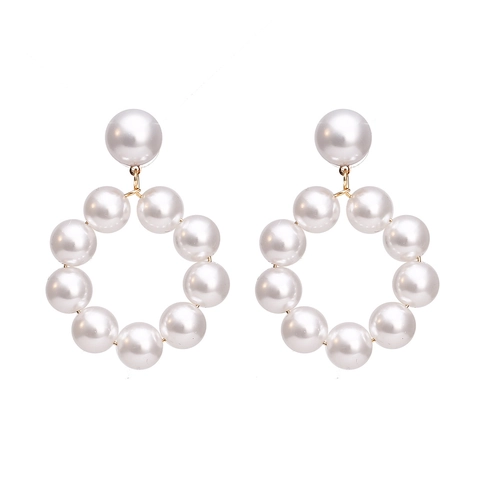 Elegant Imitation Artificial Pearl Hoop Earrings Large Round Beaded Drop Dangle For Women Retro Fashion Geometric Jewelry Gold Tone