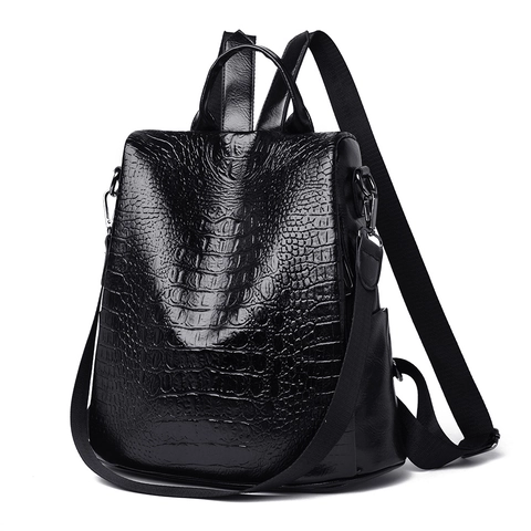 Women PU Leather Anti-Theft Backpack Fashion Crocodile Pattern Large Capacity Multi-Purpose Shoulder Bag Vintage Travel
