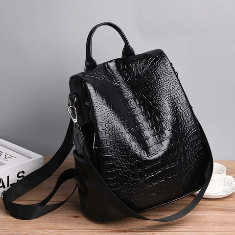 Women PU Leather Anti-Theft Backpack Fashion Crocodile Pattern Large Capacity Multi-Purpose Shoulder Bag Vintage Travel