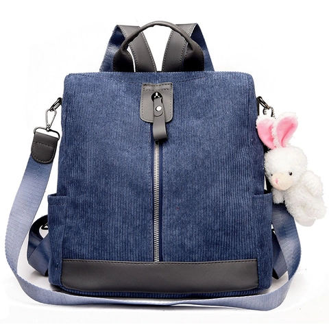 Fashion Women Corduroy Backpack Large Capacity Anti-Theft School Bag With Plush Rabbit Charm Multi-Functional Travel Shoulder Bag Handbag
