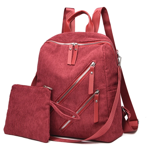 Women Fashion Corduroy Backpack 2 Piece Set With Small Pouch Striped Vintage Large Capacity Multi-Zipper School Travel Bag