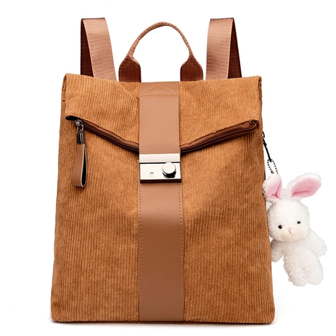 Sac À Dos En Velours Côtelé Pour Femmes Grande Capacité Vintage École Voyage Avec Pendentif Lapin En Peluche Serrure En Métal