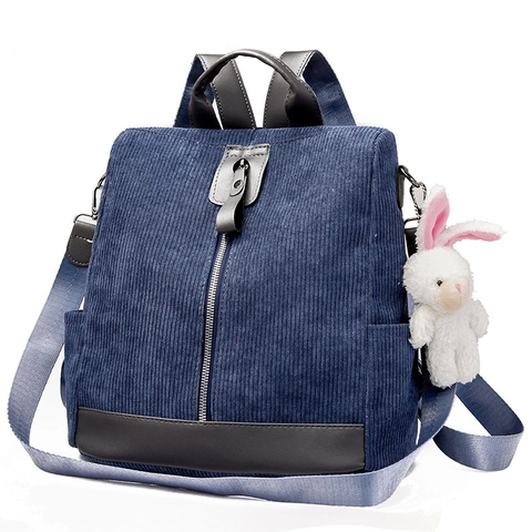 Fashion Women Corduroy Backpack Large Capacity Anti-Theft School Bag With Plush Rabbit Charm Multi-Functional Travel Shoulder Bag Handbag