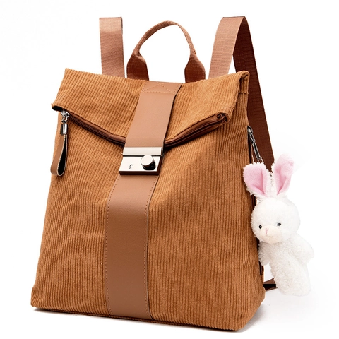 Sac À Dos En Velours Côtelé Pour Femmes Grande Capacité Vintage École Voyage Avec Pendentif Lapin En Peluche Serrure En Métal