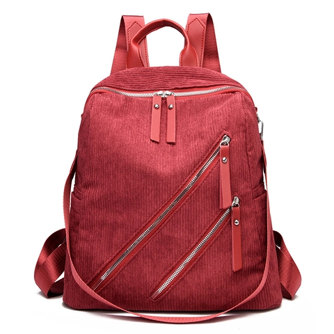 Women Fashion Corduroy Backpack 2 Piece Set With Small Pouch Striped Vintage Large Capacity Multi-Zipper School Travel Bag