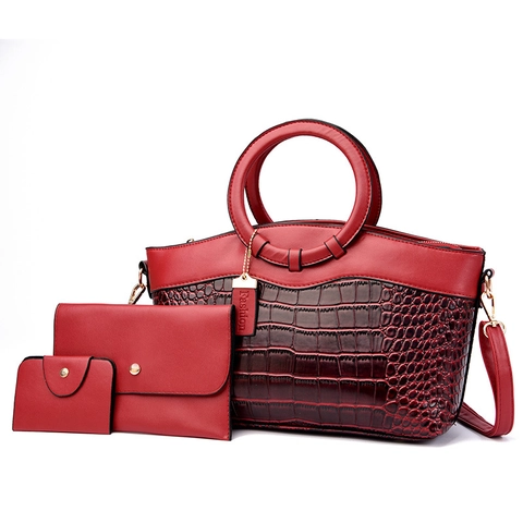 Ensemble de 3 Sacs à Main Motif Crocodile pour Femmes en Cuir PU Poignée Circulaire Tote Bag Sac à Bandoulière Pochette Enveloppe Portefeuille