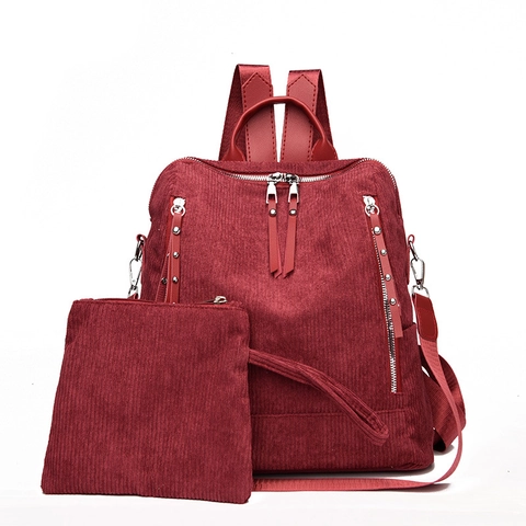 Women Fashion Corduroy Backpack And Pouch Ribbed Large Capacity Travel Bag With Metal Rivets Casual Daily School Bag For Women