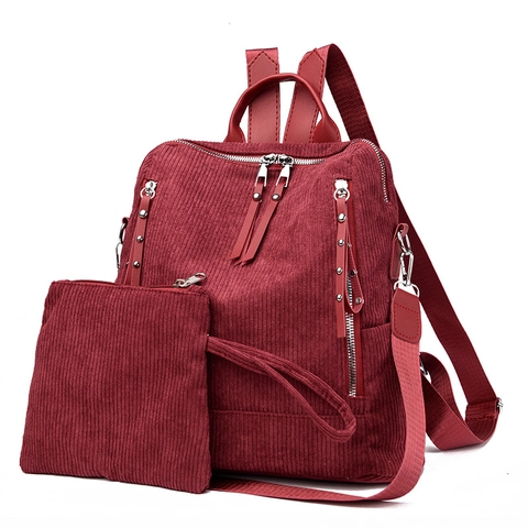 Women Fashion Corduroy Backpack And Pouch Ribbed Large Capacity Travel Bag With Metal Rivets Casual Daily School Bag For Women