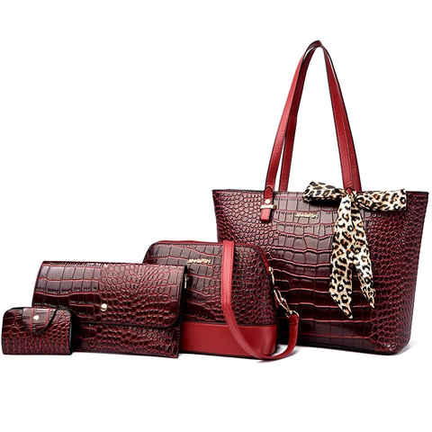 Crocodile Pattern PU Leather Tote Bag Crossbody Bag Wallet And Coin Purse With Leopard Scarf Decor Large Capacity For Women