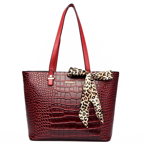 Crocodile Pattern PU Leather Tote Bag Crossbody Bag Wallet And Coin Purse With Leopard Scarf Decor Large Capacity For Women