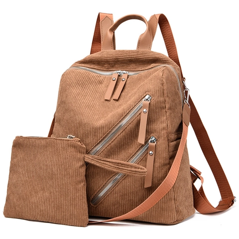 Corduroy Backpack With Small Pouch Vintage Multi Zipper Travel Daypack Fashion Casual School Bag For Women