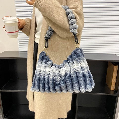 Borsa a Tracolla Plissettata in Peluche alla Moda da Donna in Pelliccia Sintetica Sfumata con Blocco di Colore Borsa a Mano Invernale a Grande Capacità