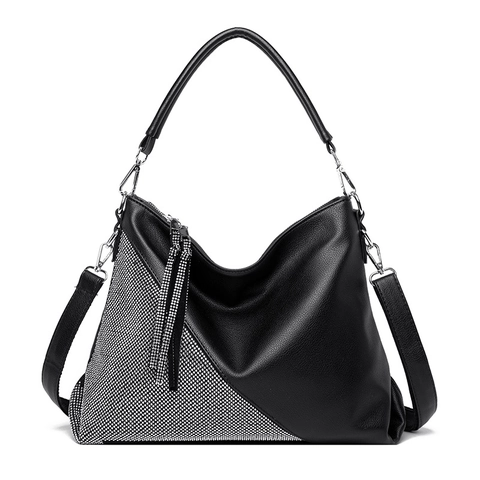 Borsa a Spalla da Donna in Pelle PU di Grande Capacità Borsa a Mano Patchwork con Strass e Cerniera a Nappa Borsa Hobo Casual