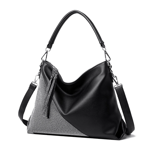 Borsa a Spalla da Donna in Pelle PU di Grande Capacità Borsa a Mano Patchwork con Strass e Cerniera a Nappa Borsa Hobo Casual