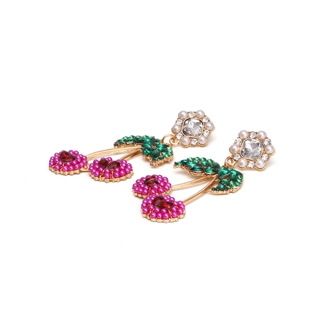 Cherry Dangle Earrings Gold Alloy Imitation Artificial Pearl Rhinestone Encrusted Fruit Shaped Fashion Jewelry Gift For Women
