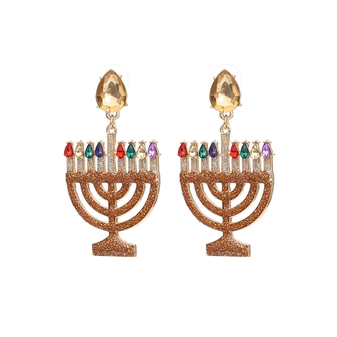 Pendientes Colgantes Menorah Hanukkah Aleación Brillo Piedras De Color Joyería De Regalo De Fiesta Judía Para Mujeres