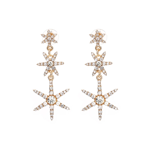 Star Dangle Earrings Gold Alloy Rhinestone Tiered Star Long Drop Elegant Fashion Jewelry For Women