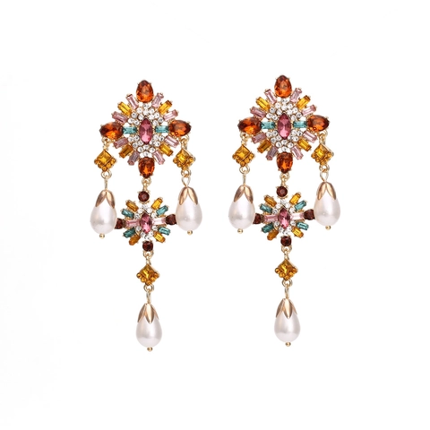 Vintage Baroque Long Drop Earrings Multi Color Rhinestone Alloy Floral Teardrop Imitation Artificial Pearls Women