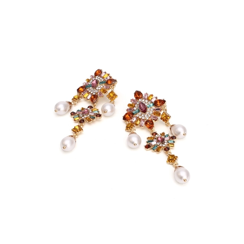 Vintage Baroque Long Drop Earrings Multi Color Rhinestone Alloy Floral Teardrop Imitation Artificial Pearls Women