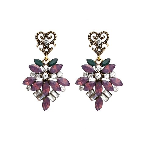 Pendientes Colgantes Vintage Corazón Hueco Aleación Oro Antiguo Con Flor Strass Marquesa Resina Colorida Para Mujeres