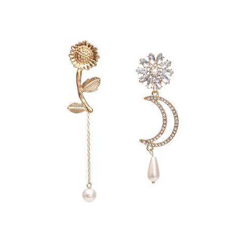 Pendientes Colgantes Asimétricos Oro Aleación Girasol Luna Diamantes De Imitación Perla Artificial Vintage Joyería Para Mujer