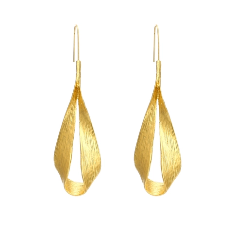 Vintage Brushed Metal Twisted Leaf Drop Earrings For Women Geometric Water Drop Shape Retro Minimalist Alloy Jewelry