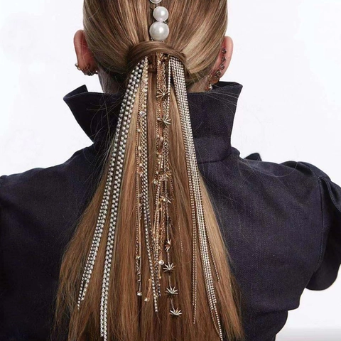 Minimalist Gold Alloy Colorful Rhinestone Long Tassel Hair Comb For Women Fashion Ponytail Insert Comb Headpiece Jewelry